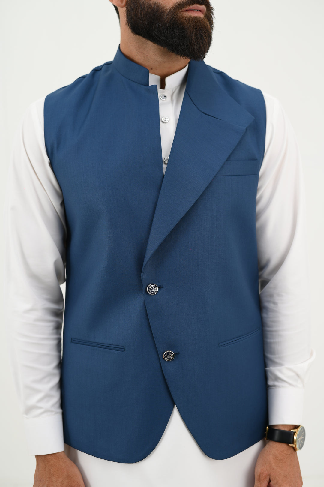 AlifYay - Blended Kurta Shalwar With Waistcoat For Men - White & Royal Blue - 3 Piece Suit