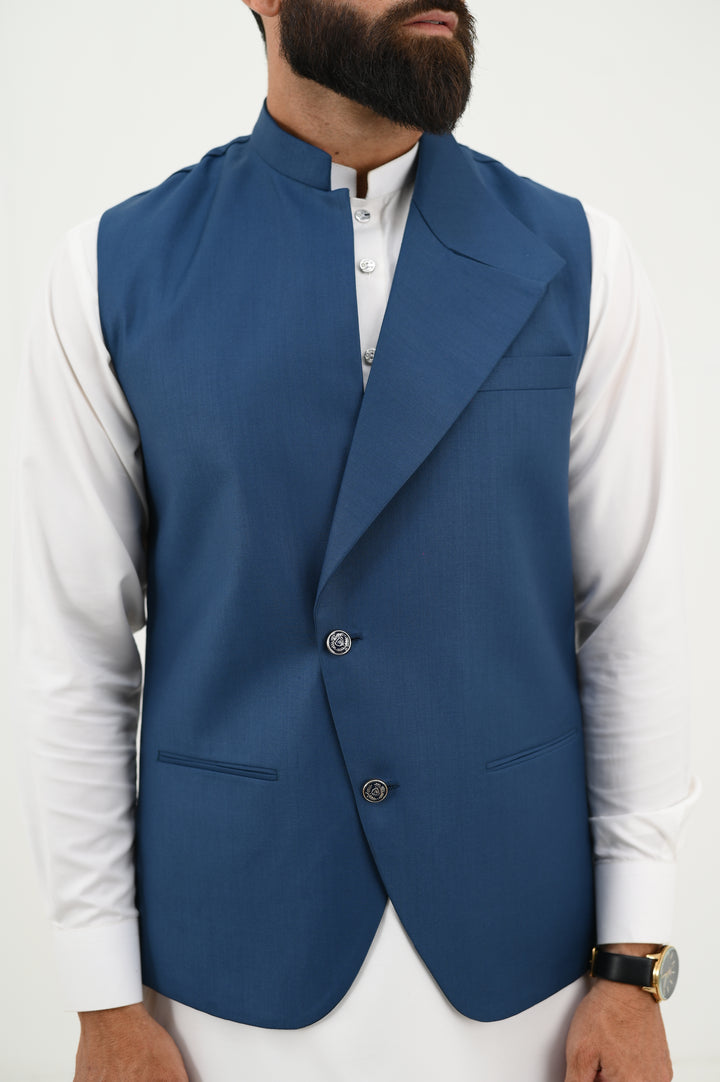 AlifYay - Blended Kurta Shalwar With Waistcoat For Men - White & Royal Blue - 3 Piece Suit
