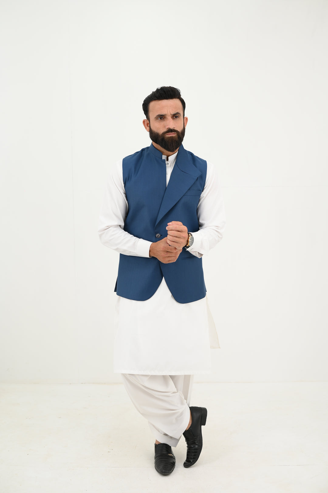 AlifYay - Blended Kurta Shalwar With Waistcoat For Men - White & Royal Blue - 3 Piece Suit
