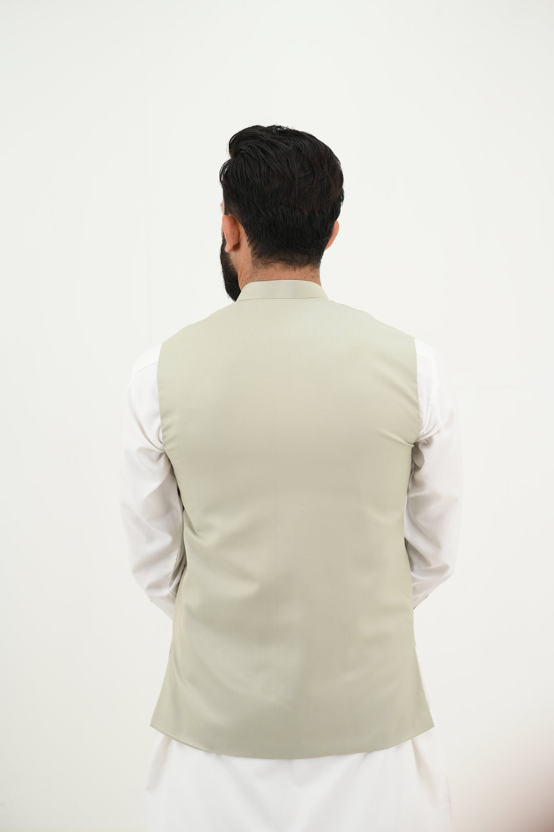 AlifYay - Blended Kurta Shalwar With Waistcoat For Men - White & Sage Green - 3 Piece Suit