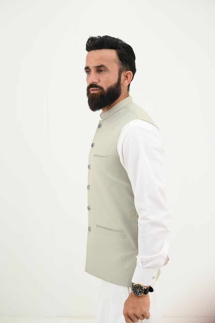 AlifYay - Blended Kurta Shalwar With Waistcoat For Men - White & Sage Green - 3 Piece Suit