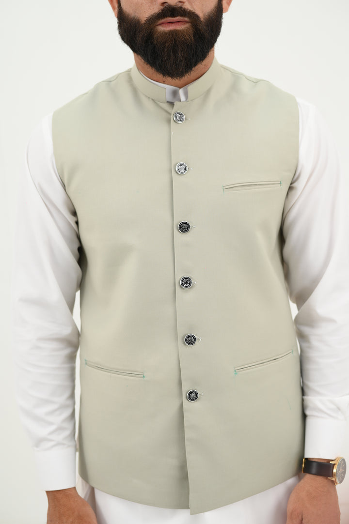 AlifYay - Blended Kurta Shalwar With Waistcoat For Men - White & Sage Green - 3 Piece Suit