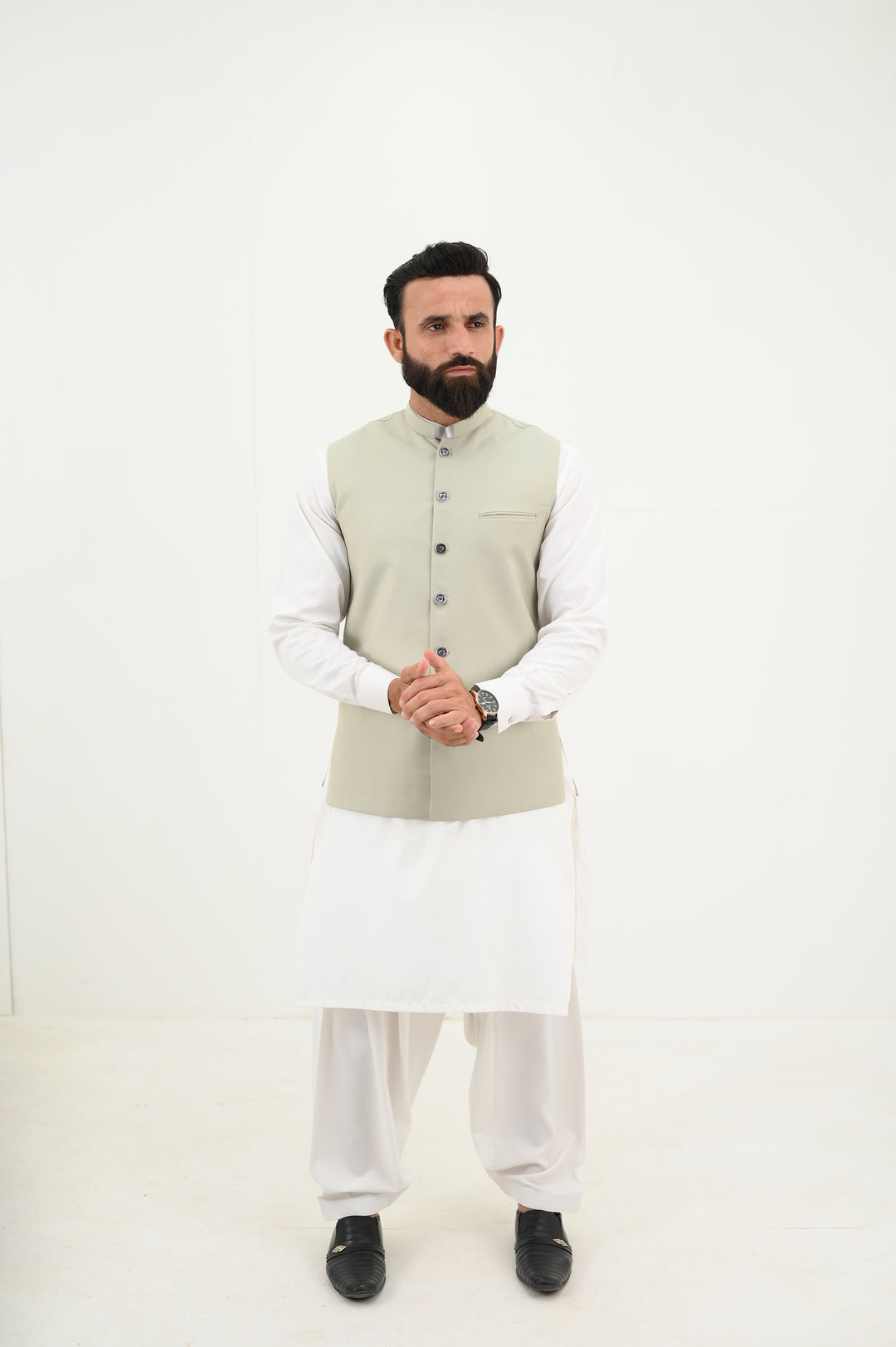 AlifYay - Blended Kurta Shalwar With Waistcoat For Men - White & Sage Green - 3 Piece Suit