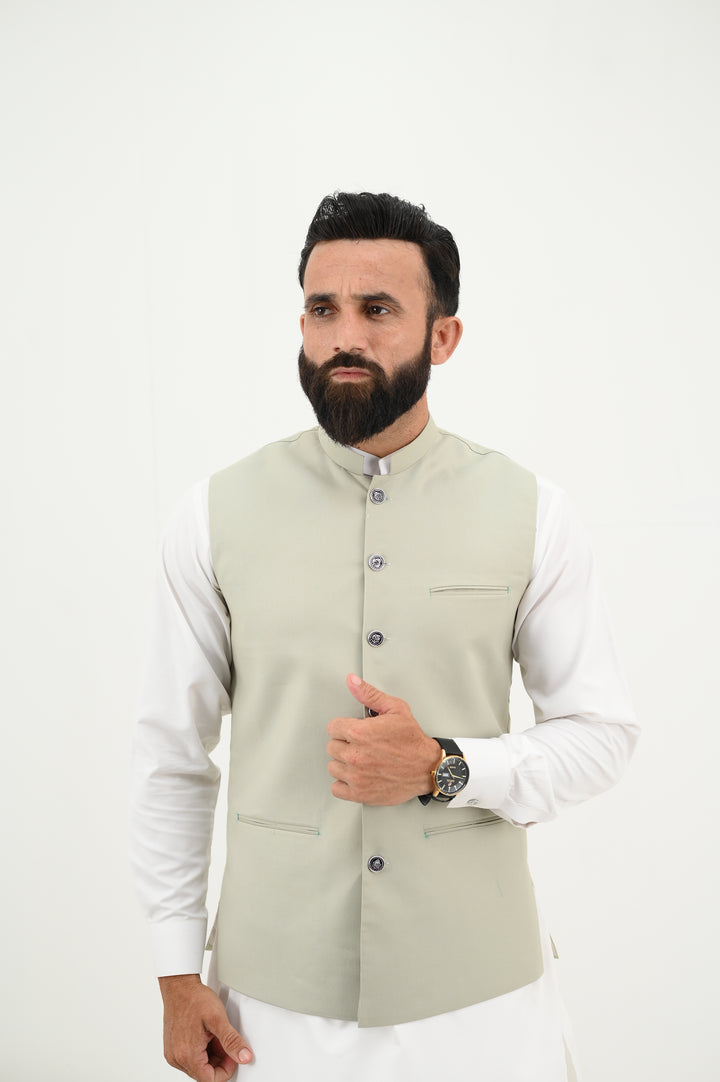 AlifYay - Blended Kurta Shalwar With Waistcoat For Men - White & Sage Green - 3 Piece Suit