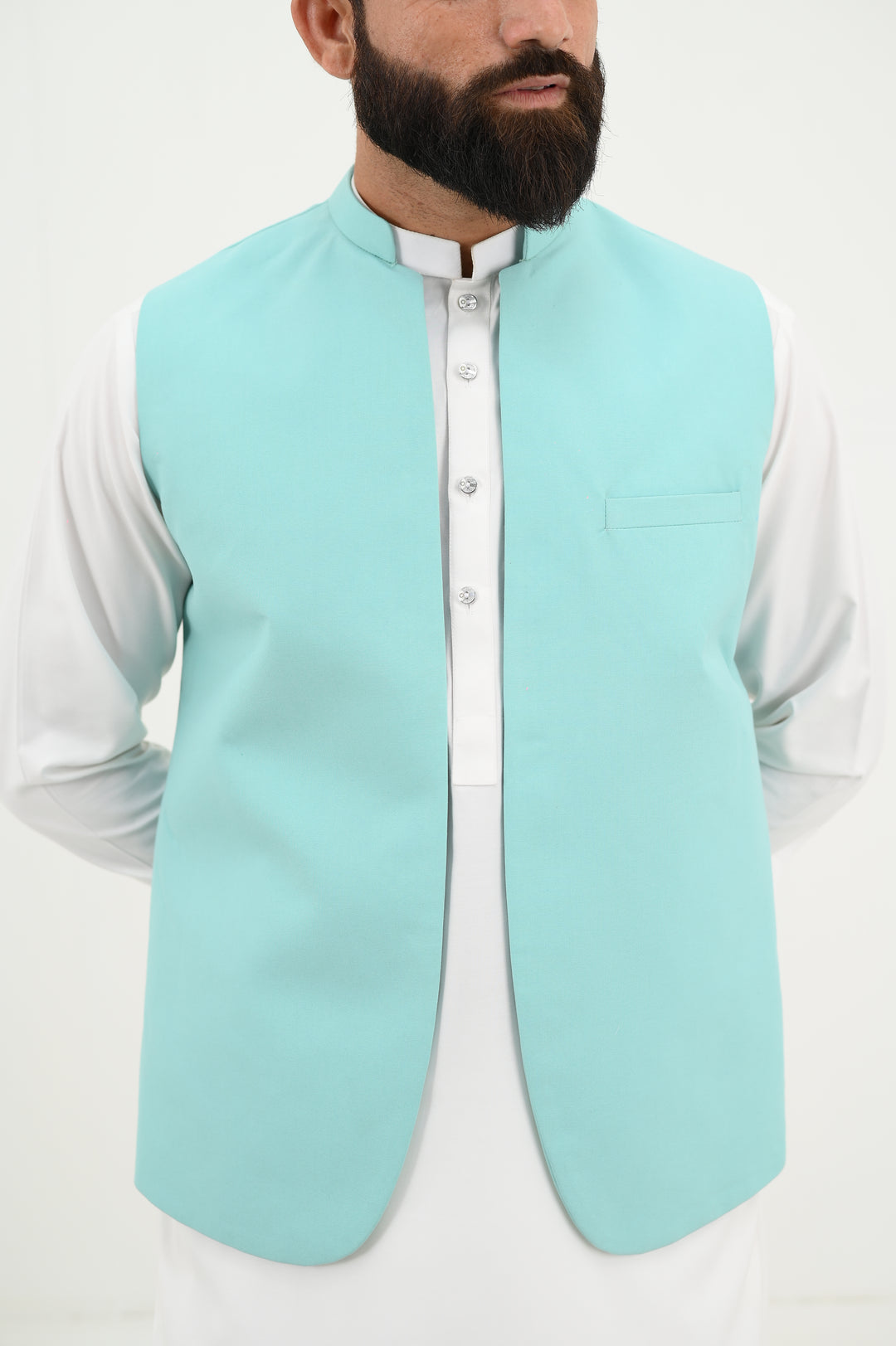 AlifYay - Blended Kurta Shalwar With Waistcoat For Men - White & Sky Blue - 3 Piece Suit