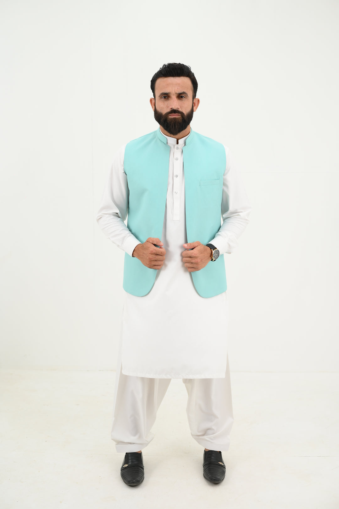 AlifYay - Blended Kurta Shalwar With Waistcoat For Men - White & Sky Blue - 3 Piece Suit