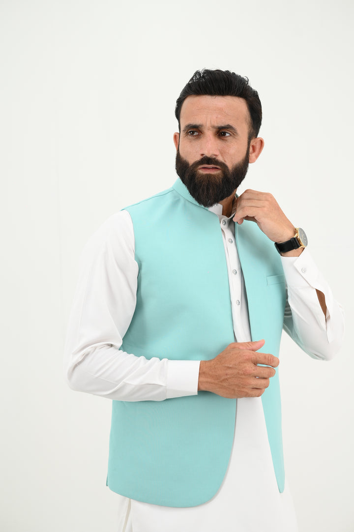 AlifYay - Blended Kurta Shalwar With Waistcoat For Men - White & Sky Blue - 3 Piece Suit