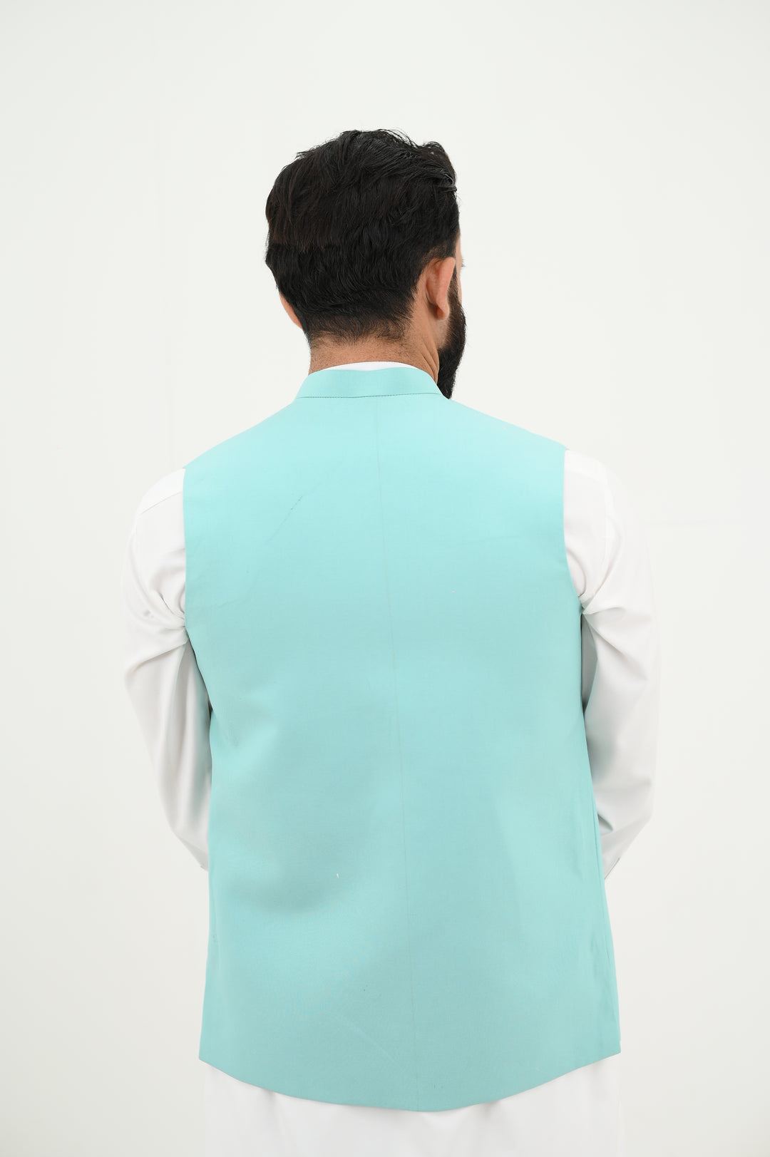 AlifYay - Blended Kurta Shalwar With Waistcoat For Men - White & Sky Blue - 3 Piece Suit
