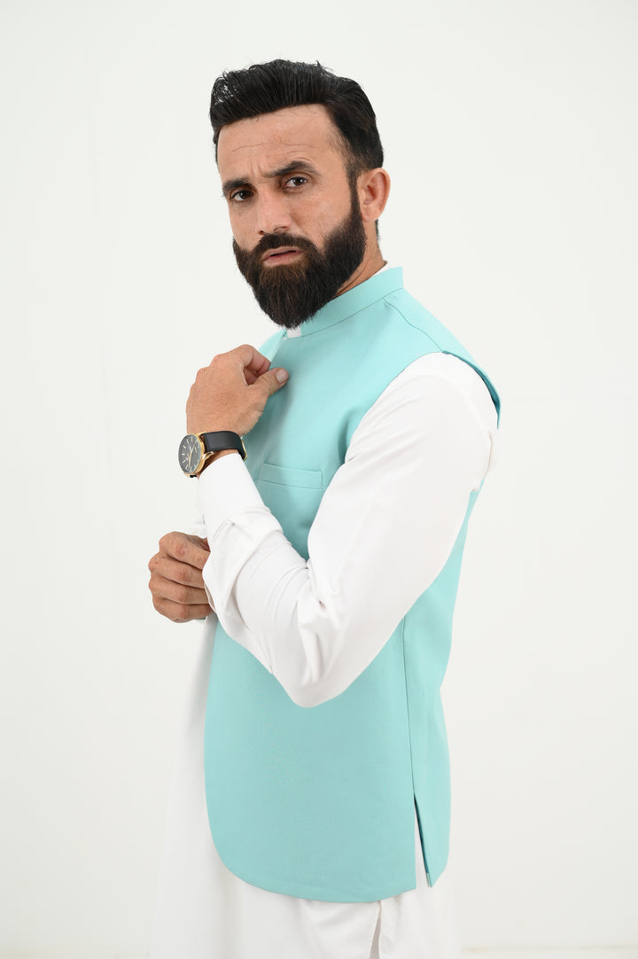 AlifYay - Blended Kurta Shalwar With Waistcoat For Men - White & Sky Blue - 3 Piece Suit