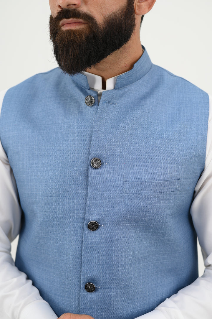 AlifYay - Blended Kurta Shalwar With Waistcoat For Men - White & Sky Blue - 3 Piece Suit