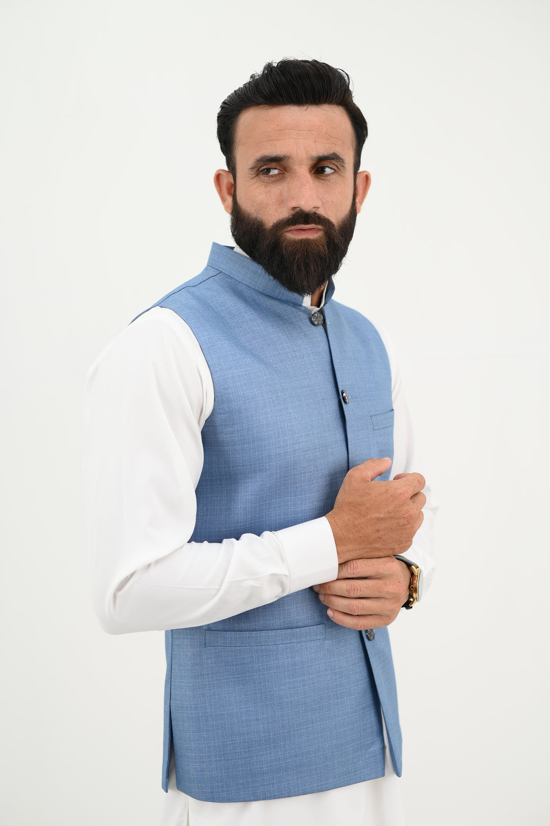 AlifYay - Blended Kurta Shalwar With Waistcoat For Men - White & Sky Blue - 3 Piece Suit