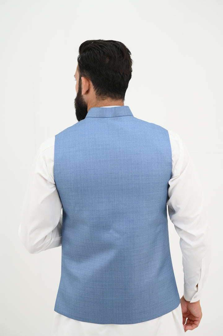 AlifYay - Blended Kurta Shalwar With Waistcoat For Men - White & Sky Blue - 3 Piece Suit