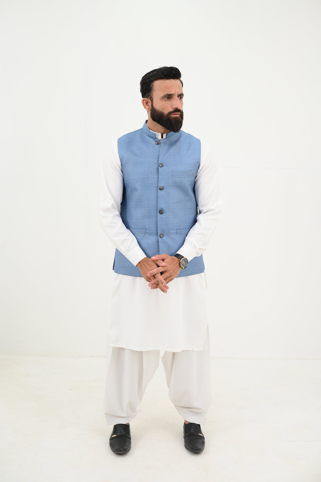 AlifYay - Blended Kurta Shalwar With Waistcoat For Men - White & Sky Blue - 3 Piece Suit
