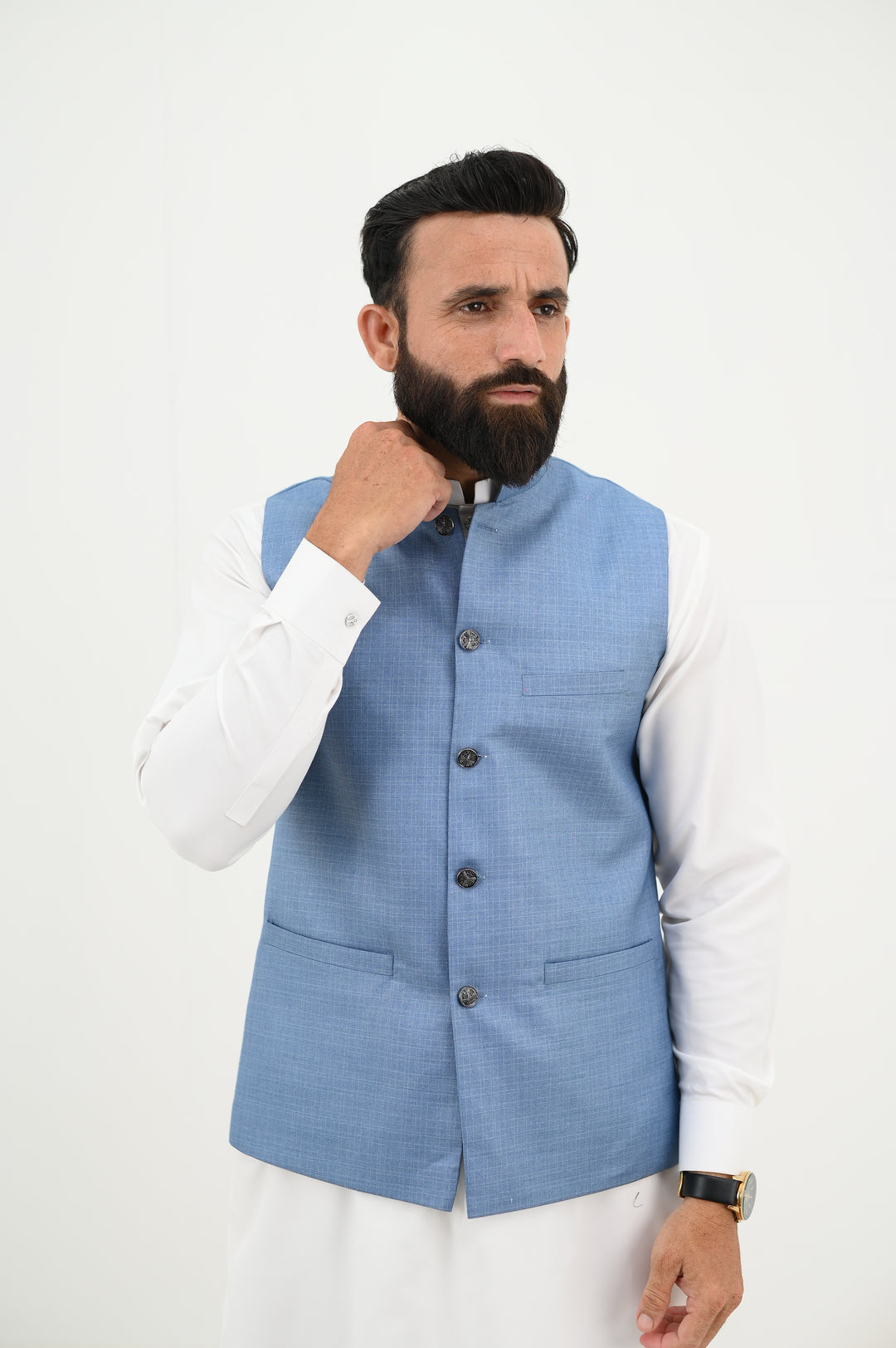 AlifYay - Blended Kurta Shalwar With Waistcoat For Men - White & Sky Blue - 3 Piece Suit