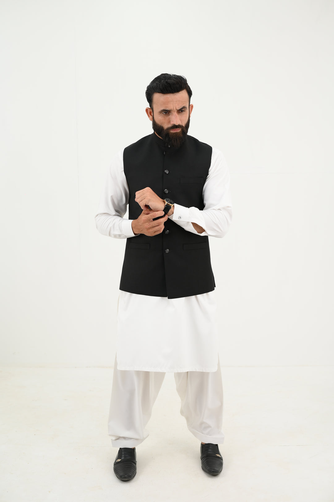 AlifYay - Blended Kurta Shalwar With Waistcoat For Men - White & Sleek Black - 3 Piece Suit