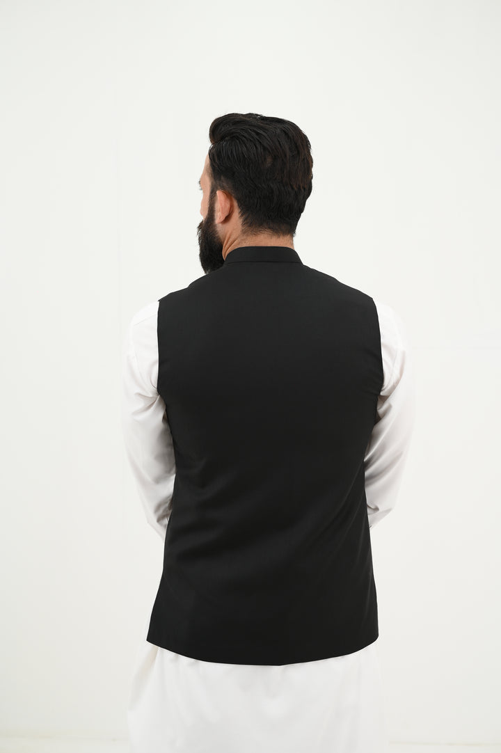 AlifYay - Blended Kurta Shalwar With Waistcoat For Men - White & Sleek Black - 3 Piece Suit