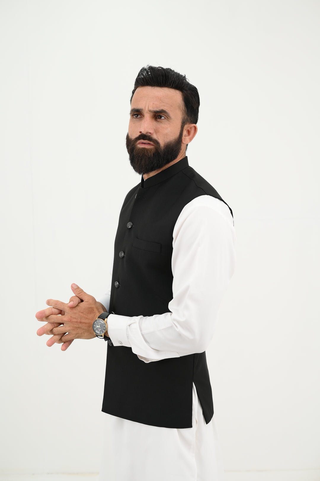 AlifYay - Blended Kurta Shalwar With Waistcoat For Men - White & Sleek Black - 3 Piece Suit