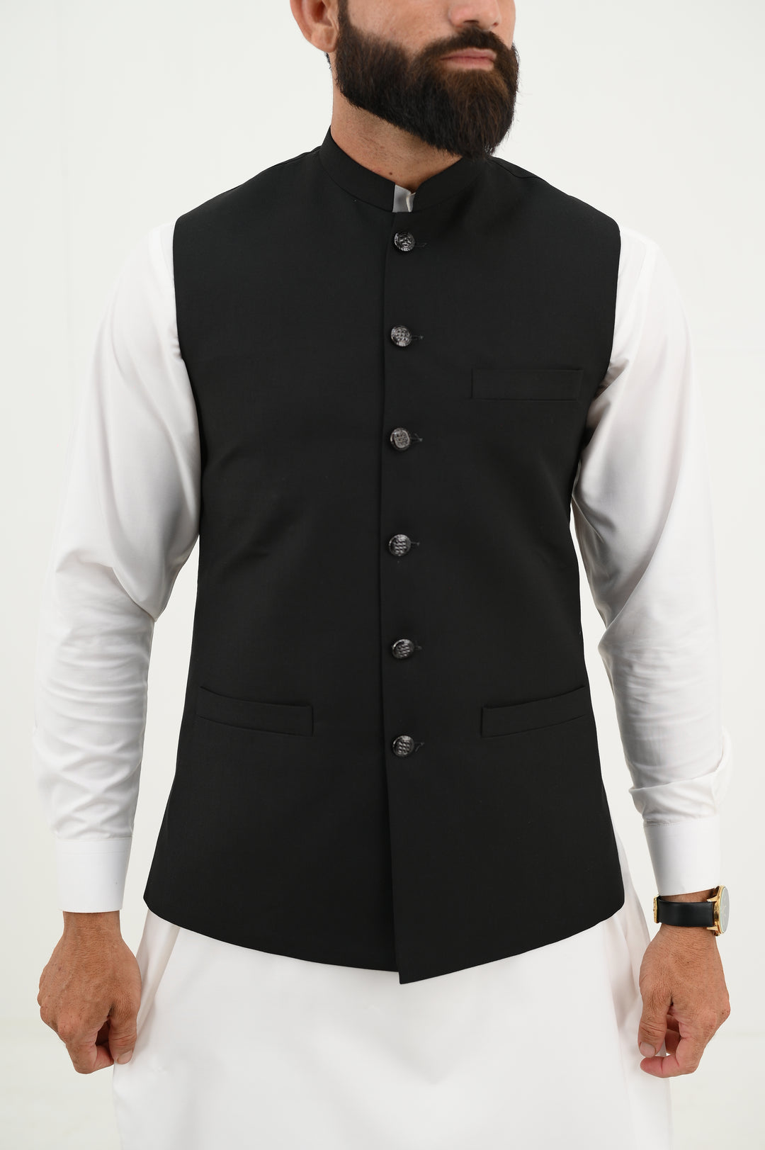 AlifYay - Blended Kurta Shalwar With Waistcoat For Men - White & Sleek Black - 3 Piece Suit