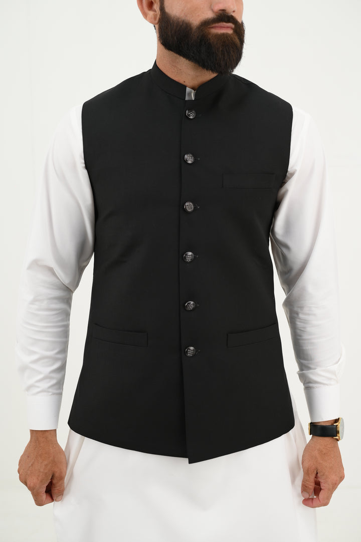 AlifYay - Blended Kurta Shalwar With Waistcoat For Men - White & Sleek Black - 3 Piece Suit