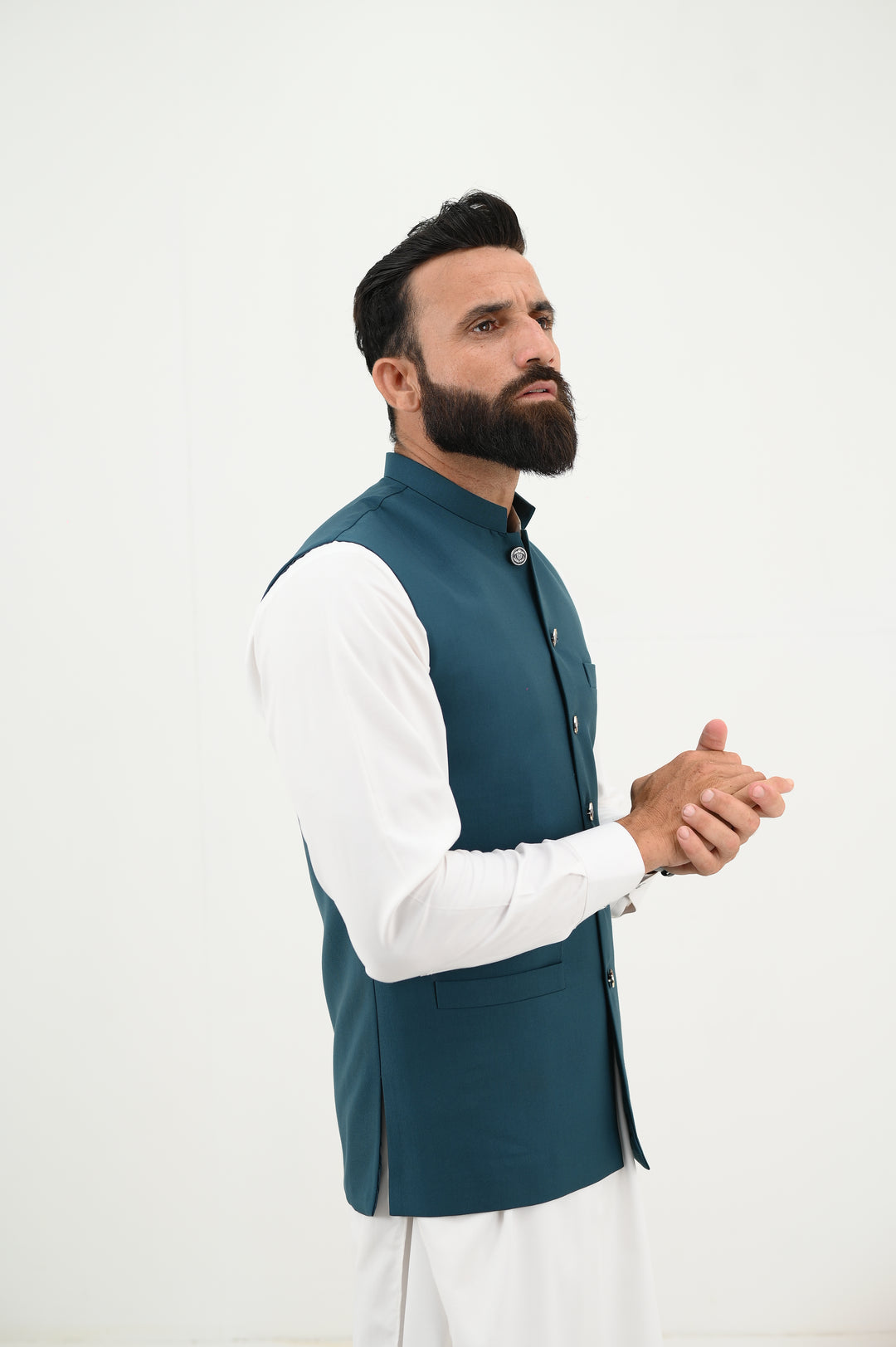 AlifYay - Blended Kurta Shalwar With Waistcoat For Men - White & Teal Blue - 3 Piece Suit