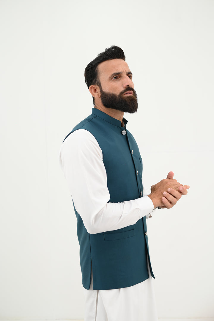 AlifYay - Blended Kurta Shalwar With Waistcoat For Men - White & Teal Blue - 3 Piece Suit