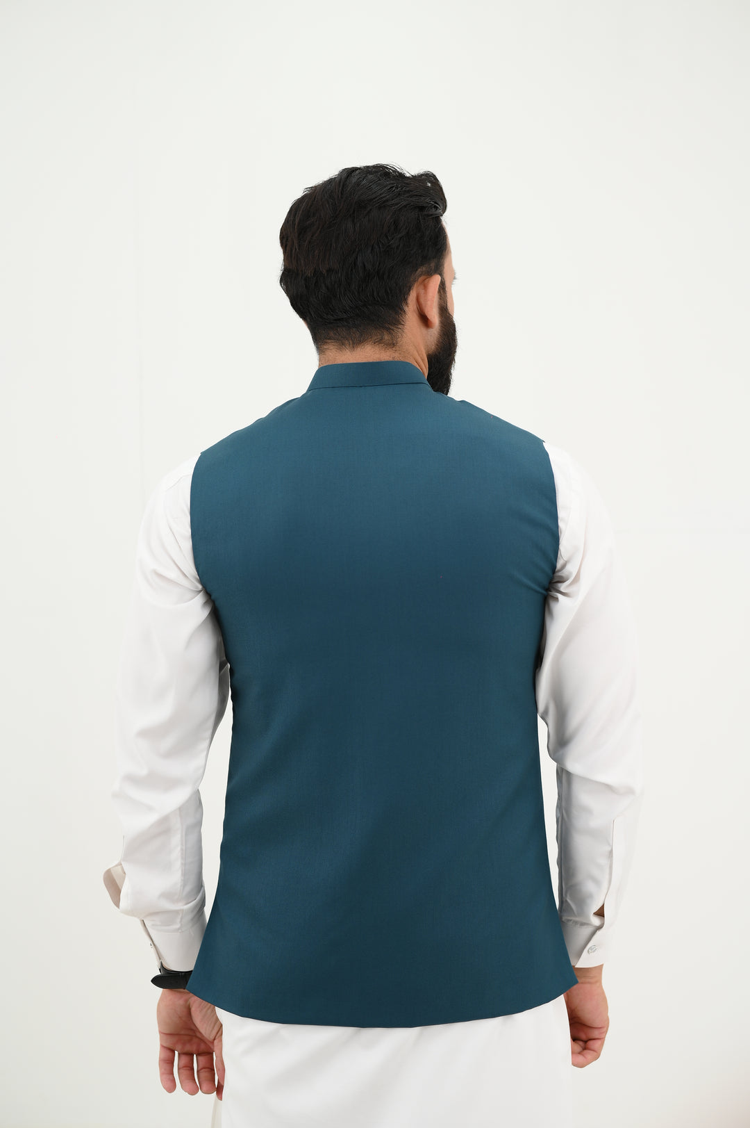 AlifYay - Blended Kurta Shalwar With Waistcoat For Men - White & Teal Blue - 3 Piece Suit