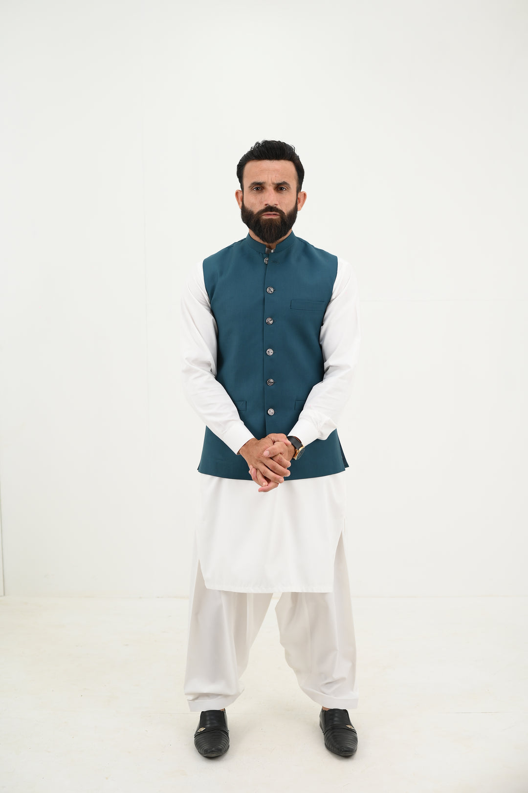 AlifYay - Blended Kurta Shalwar With Waistcoat For Men - White & Teal Blue - 3 Piece Suit