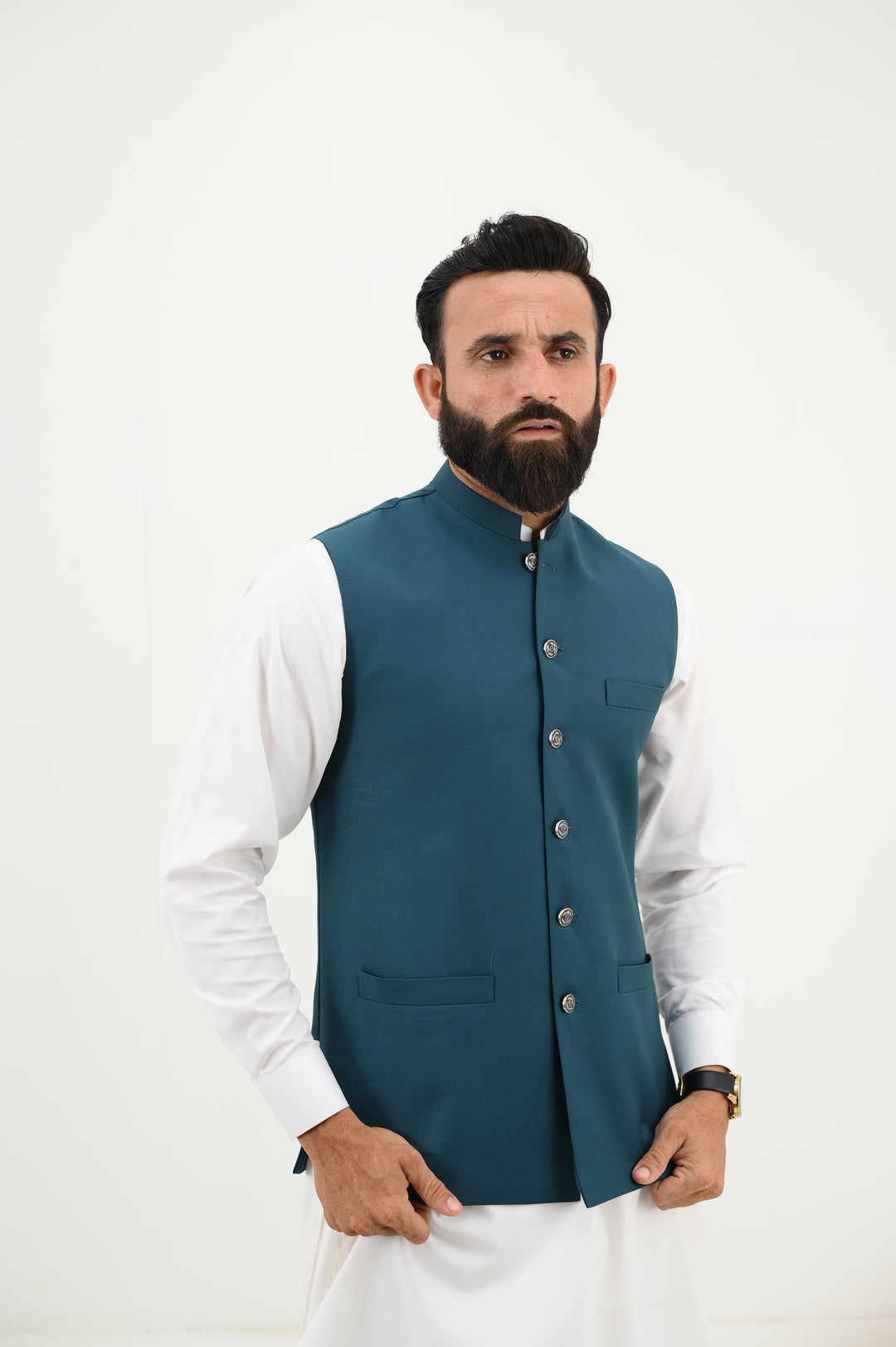 AlifYay - Blended Kurta Shalwar With Waistcoat For Men - White & Teal Blue - 3 Piece Suit