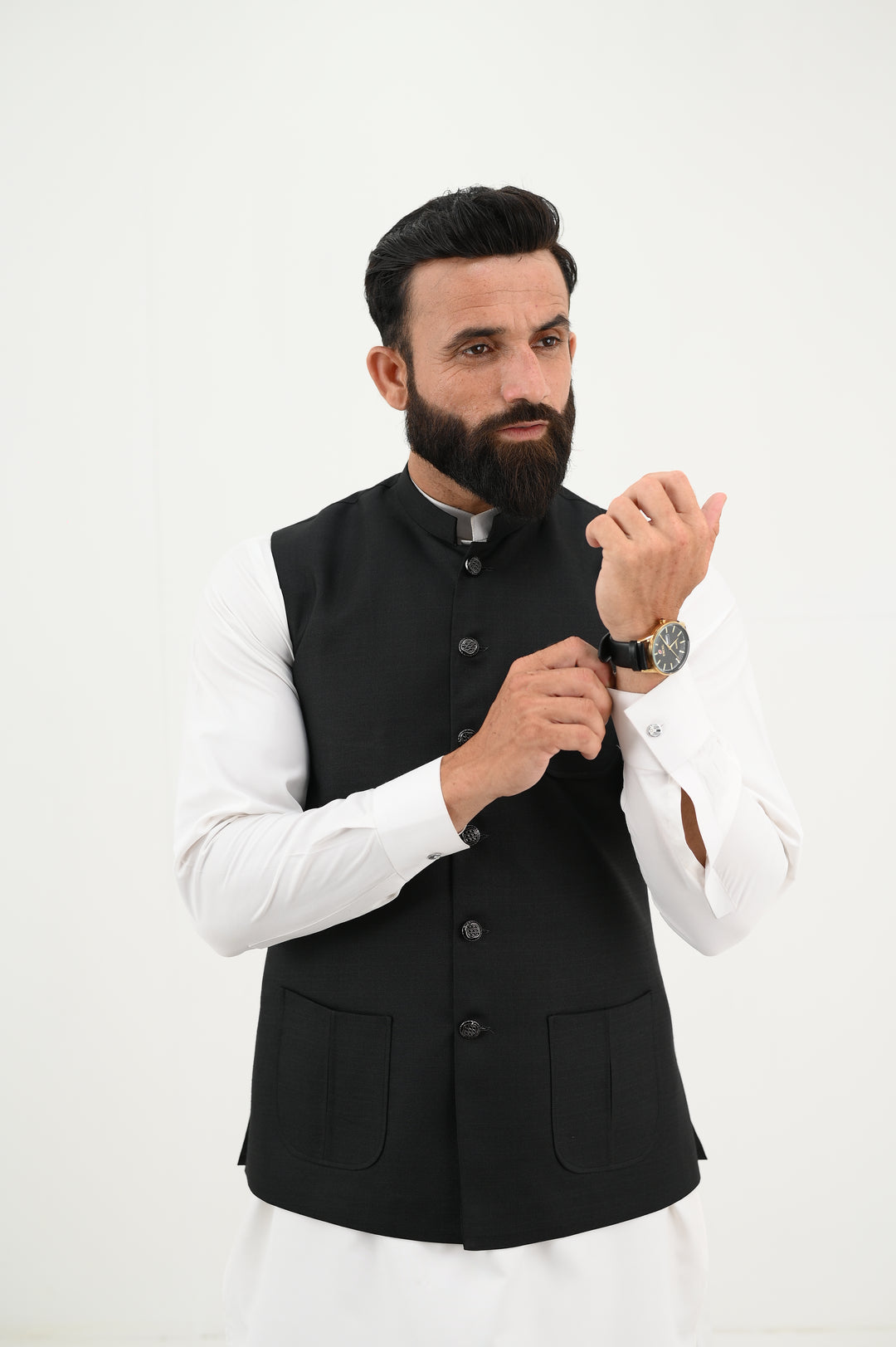 AlifYay - Blended Kurta Shalwar With Waistcoat For Men - White & Textured Black - 3 Piece Suit