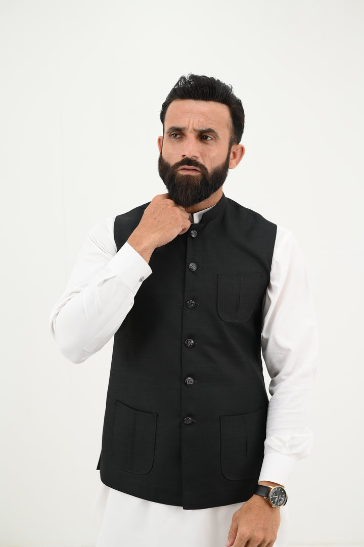 AlifYay - Blended Kurta Shalwar With Waistcoat For Men - White & Textured Black - 3 Piece Suit