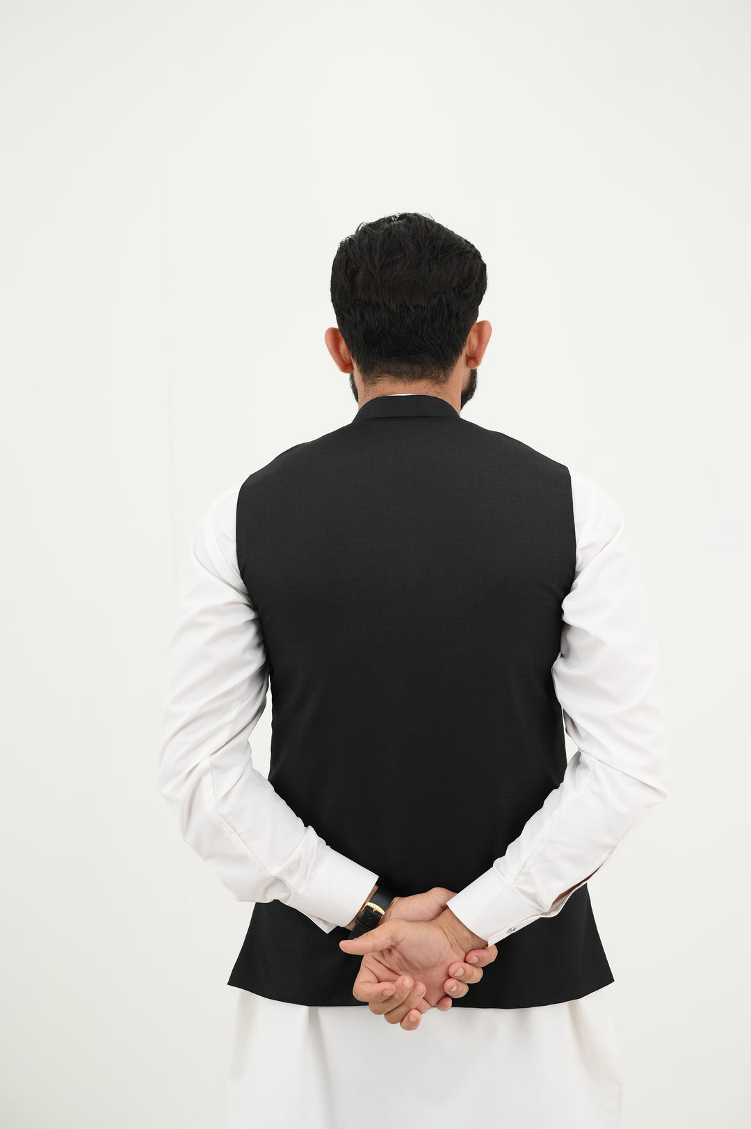 AlifYay - Blended Kurta Shalwar With Waistcoat For Men - White & Textured Black - 3 Piece Suit