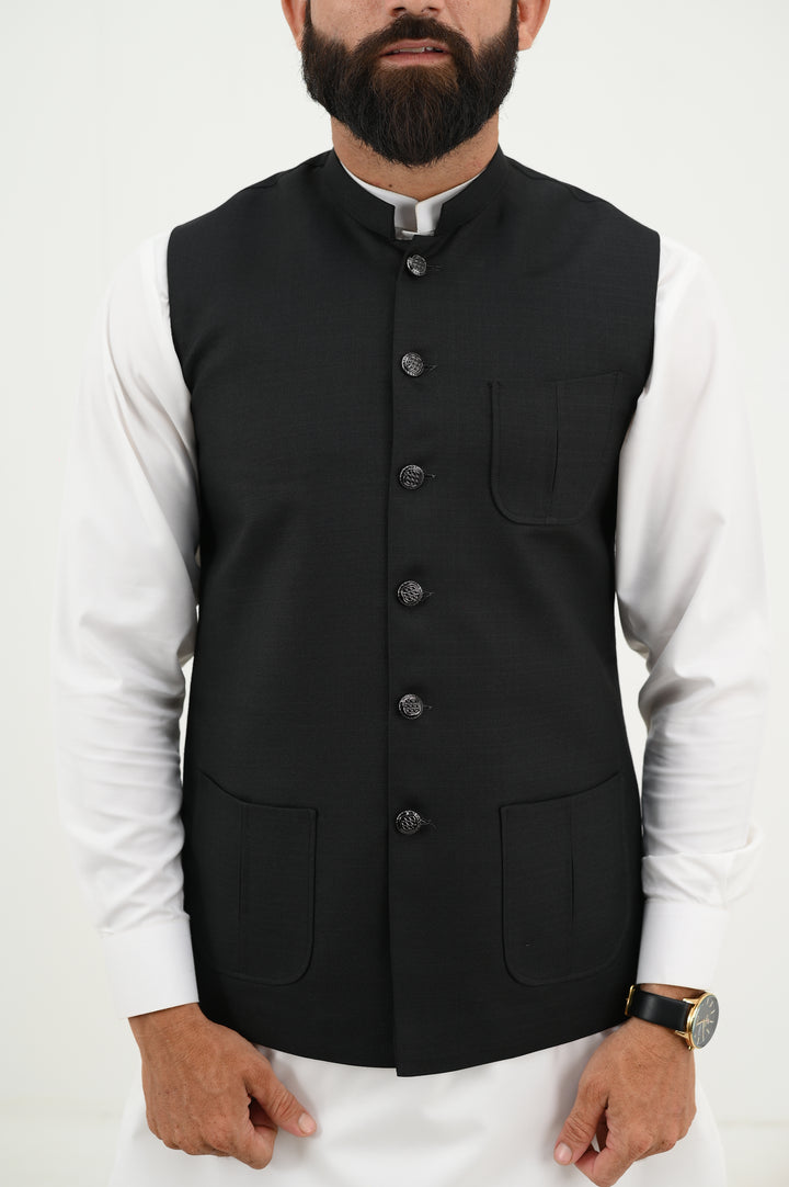 AlifYay - Blended Kurta Shalwar With Waistcoat For Men - White & Textured Black - 3 Piece Suit