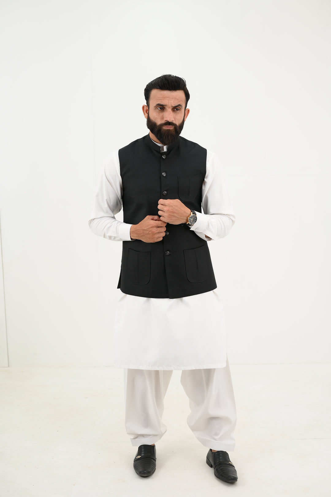 AlifYay - Blended Kurta Shalwar With Waistcoat For Men - White & Textured Black - 3 Piece Suit