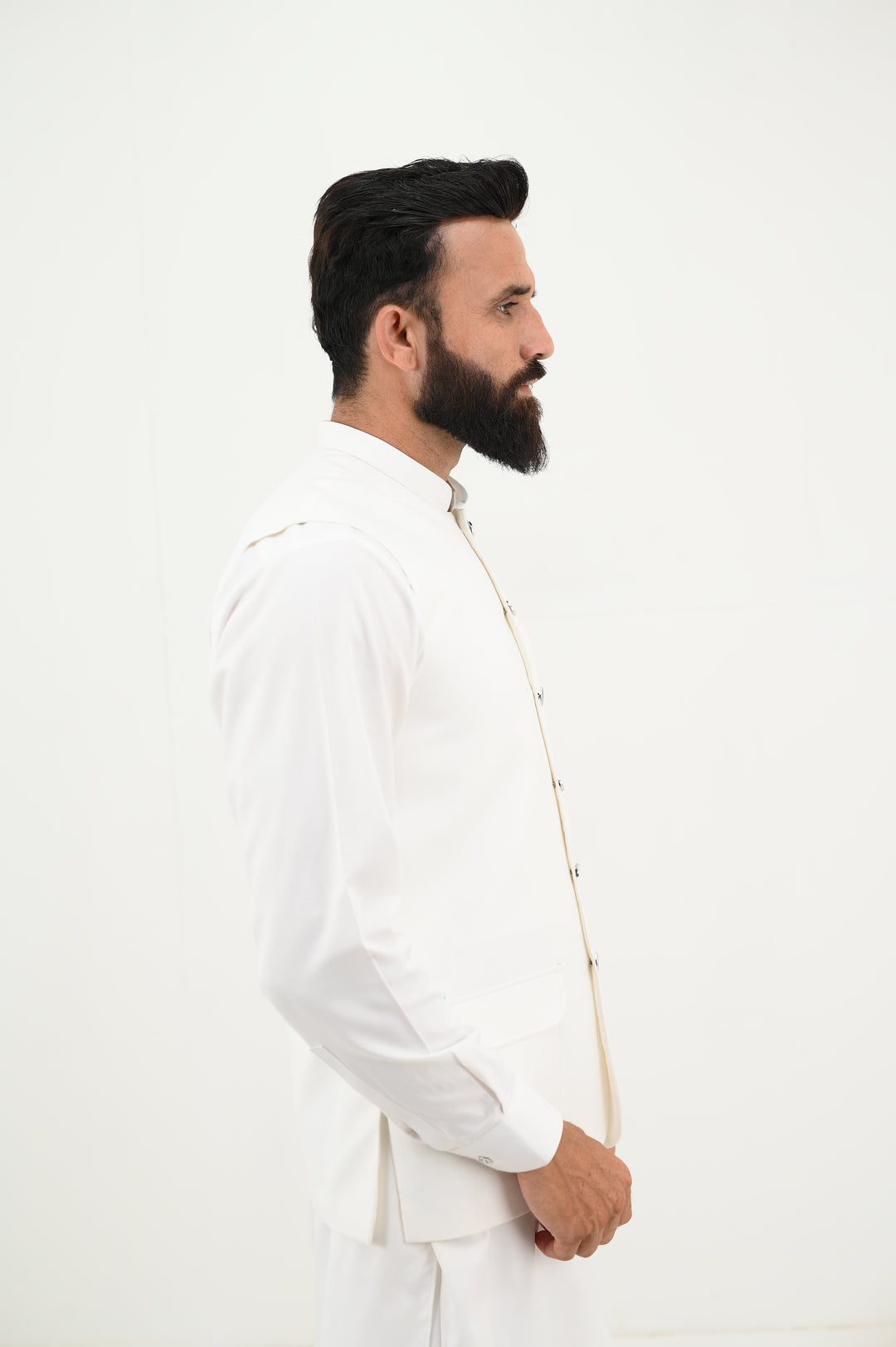 AlifYay - Blended Kurta Shalwar With Waistcoat For Men - White & White - 3 Piece Suit