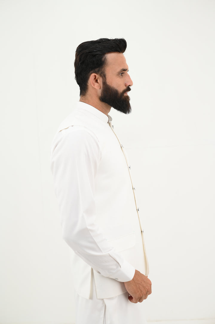 AlifYay - Blended Kurta Shalwar With Waistcoat For Men - White & White - 3 Piece Suit