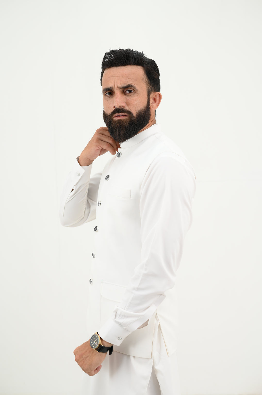 AlifYay - Blended Kurta Shalwar With Waistcoat For Men - White & White - 3 Piece Suit
