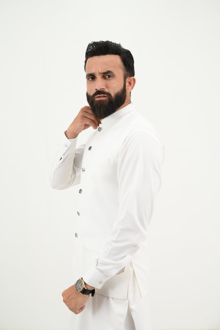 AlifYay - Blended Kurta Shalwar With Waistcoat For Men - White & White - 3 Piece Suit