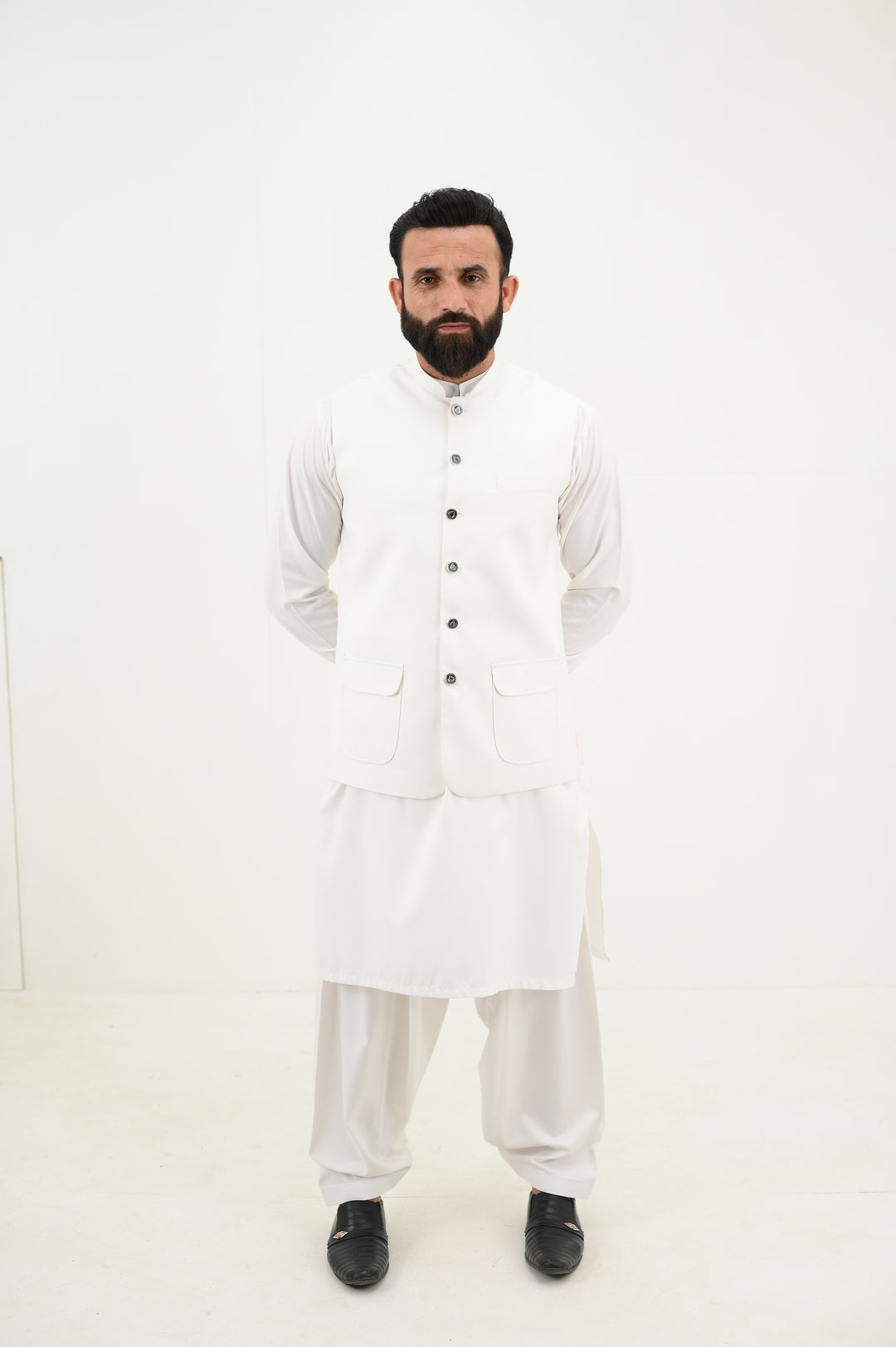 AlifYay - Blended Kurta Shalwar With Waistcoat For Men - White & White - 3 Piece Suit
