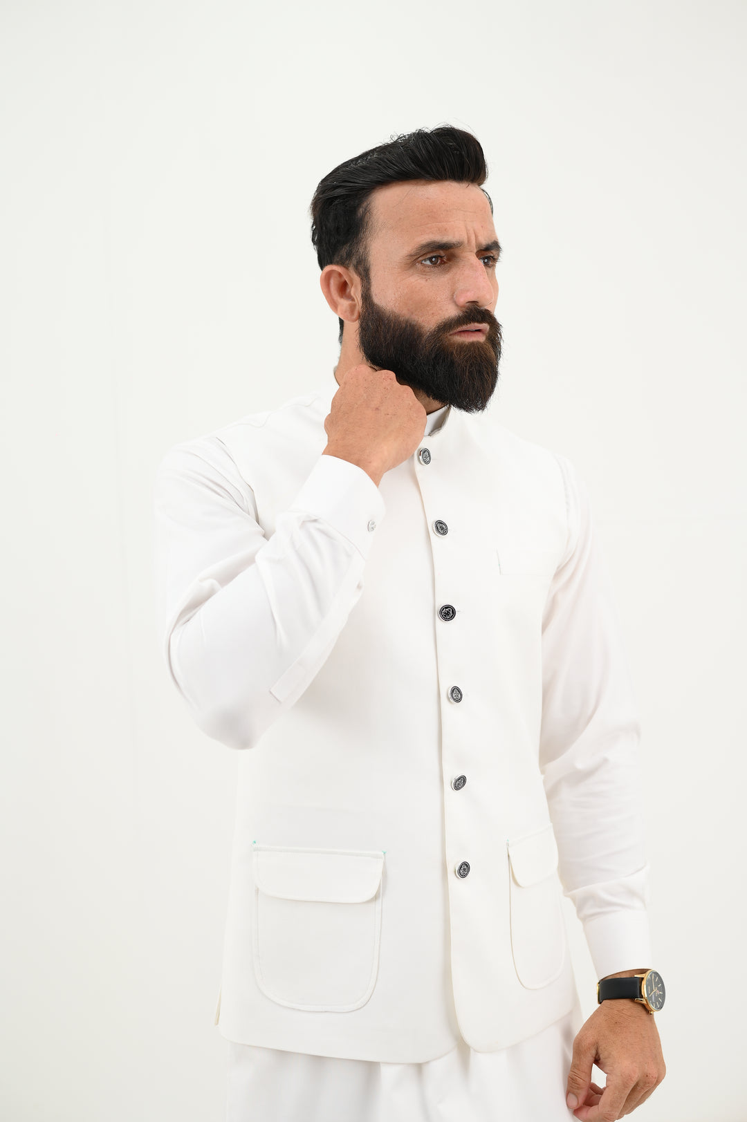 AlifYay - Blended Kurta Shalwar With Waistcoat For Men - White & White - 3 Piece Suit