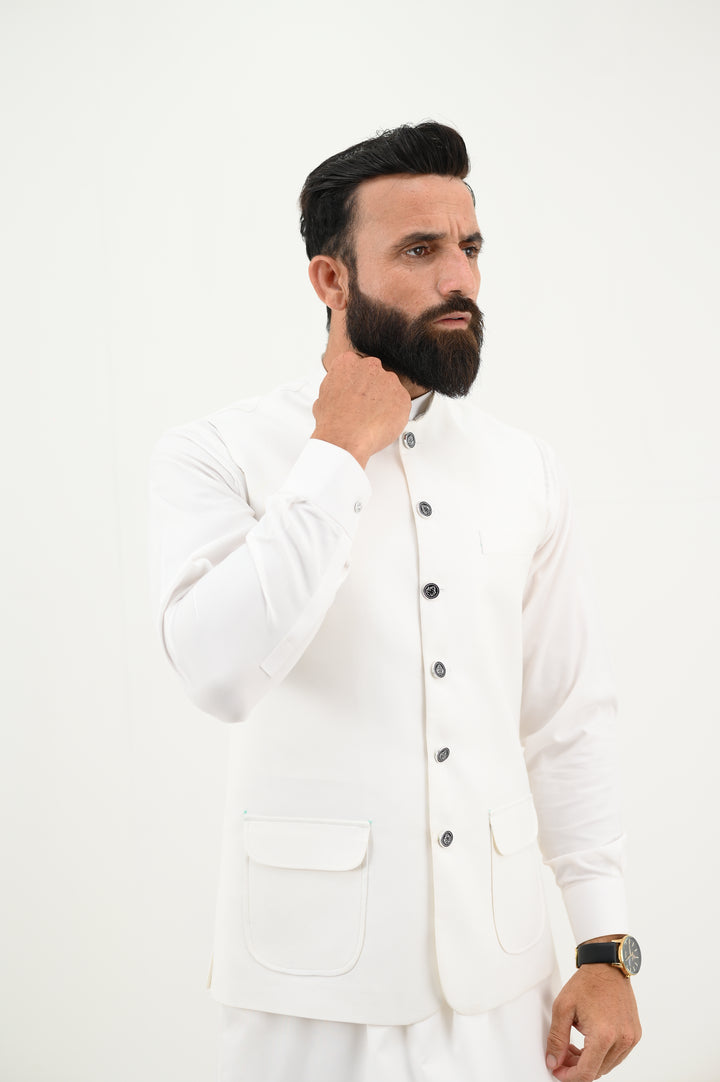 AlifYay - Blended Kurta Shalwar With Waistcoat For Men - White & White - 3 Piece Suit