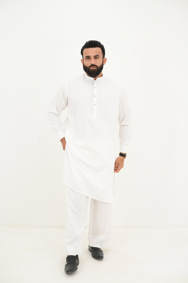 AlifYay - Blended Kurta With Farshi Pajama For Men - White - 2 Piece Suit