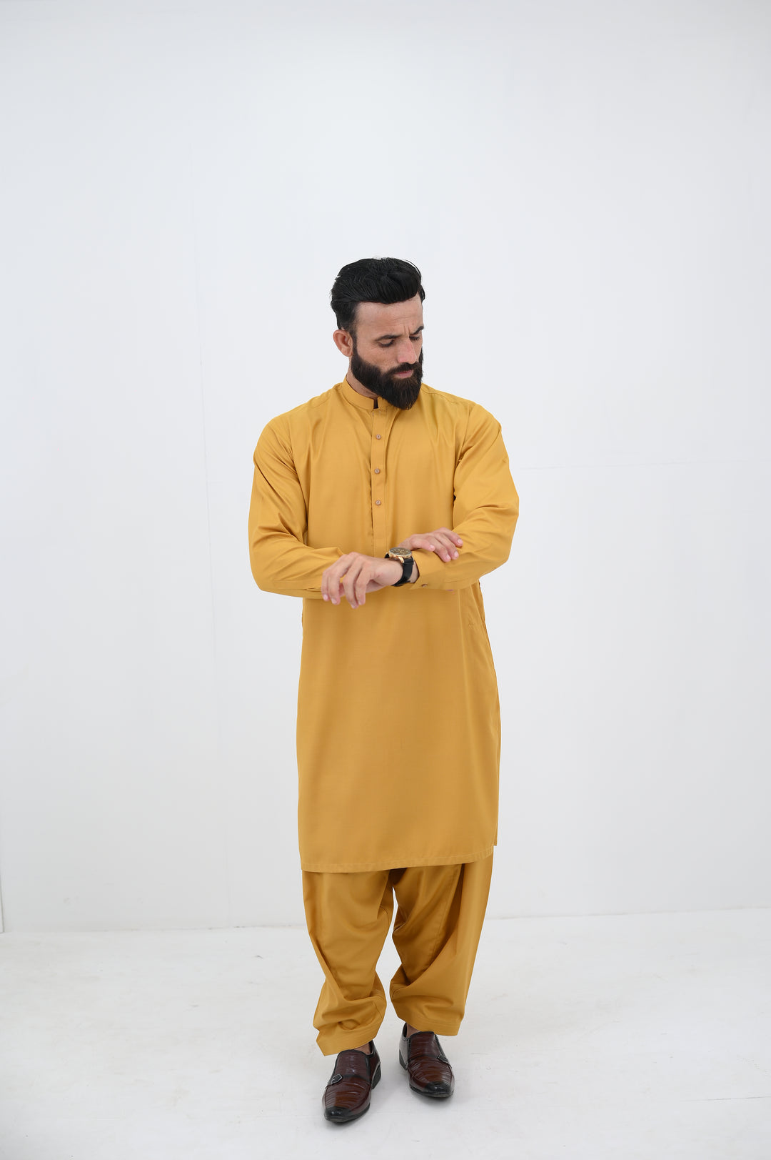 AlifYay - Blended Shalwar Kameez With Waistcoat For Men - Mustard & Brown - 3 Piece Suit