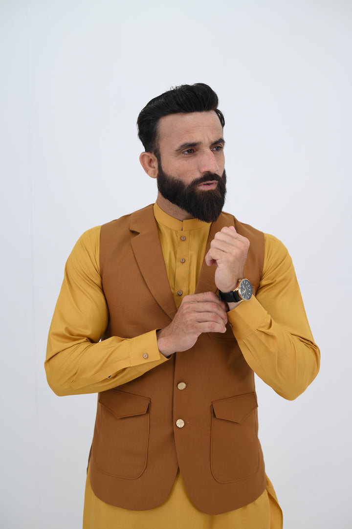 AlifYay - Blended Shalwar Kameez With Waistcoat For Men - Mustard & Brown - 3 Piece Suit