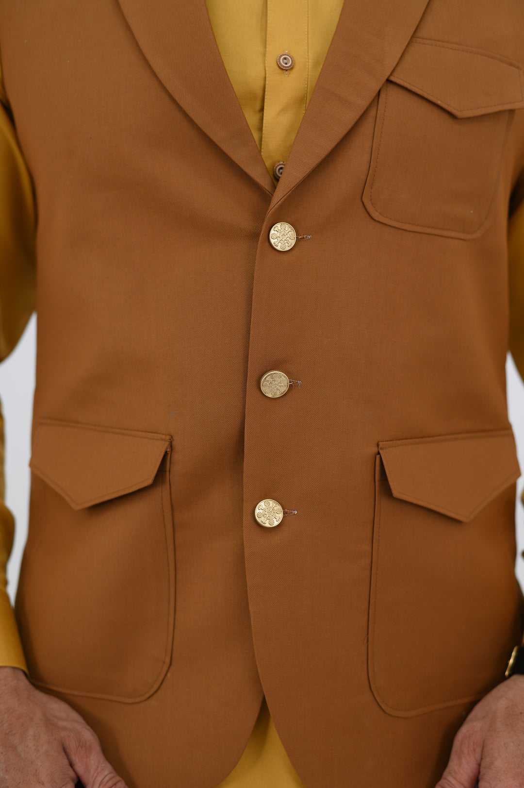 AlifYay - Blended Shalwar Kameez With Waistcoat For Men - Mustard & Brown - 3 Piece Suit