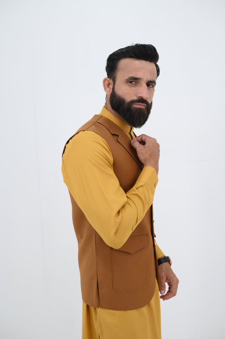 AlifYay - Blended Shalwar Kameez With Waistcoat For Men - Mustard & Brown - 3 Piece Suit