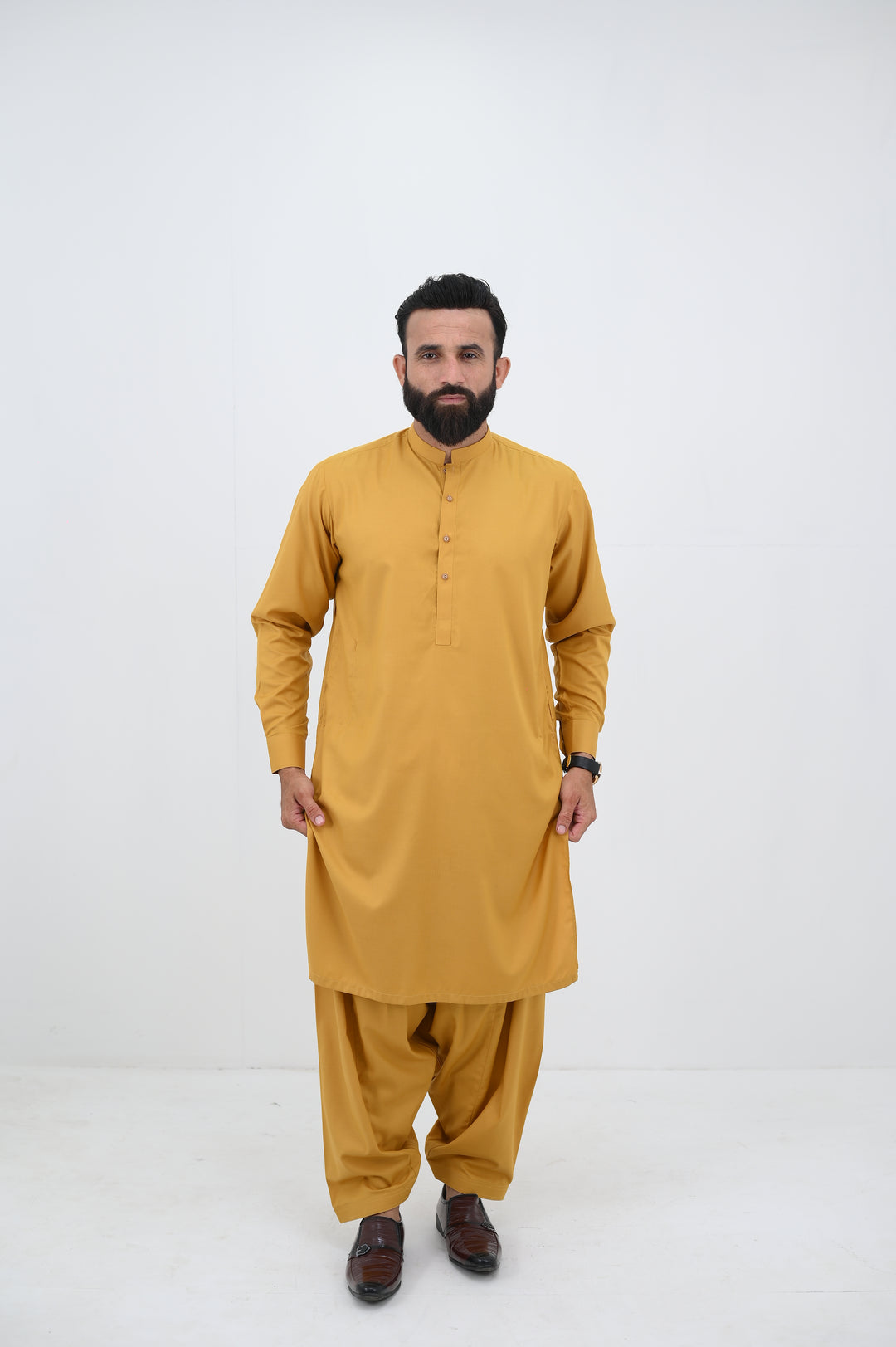 AlifYay - Blended Shalwar Kameez With Waistcoat For Men - Mustard & Brown - 3 Piece Suit