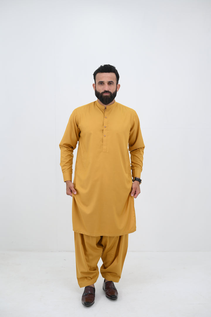 AlifYay - Blended Shalwar Kameez With Waistcoat For Men - Mustard & Brown - 3 Piece Suit