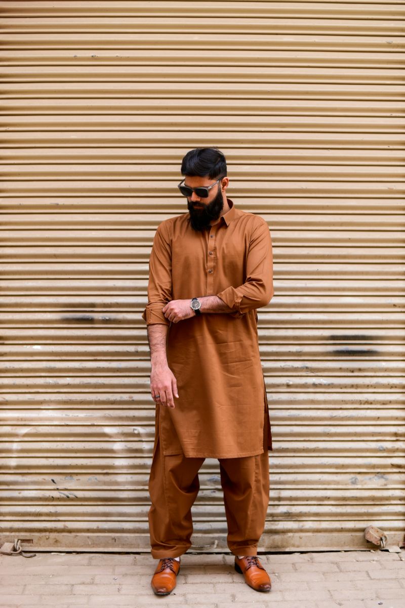 AlifYay - Cotton Kameez Shalwar For Men - Brown - 2 Piece Suit
