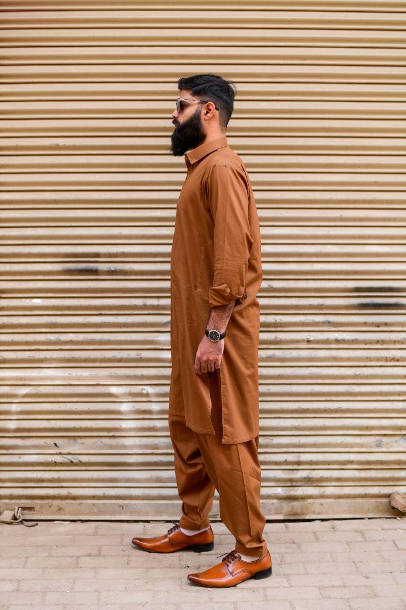AlifYay - Cotton Kameez Shalwar For Men - Brown - 2 Piece Suit