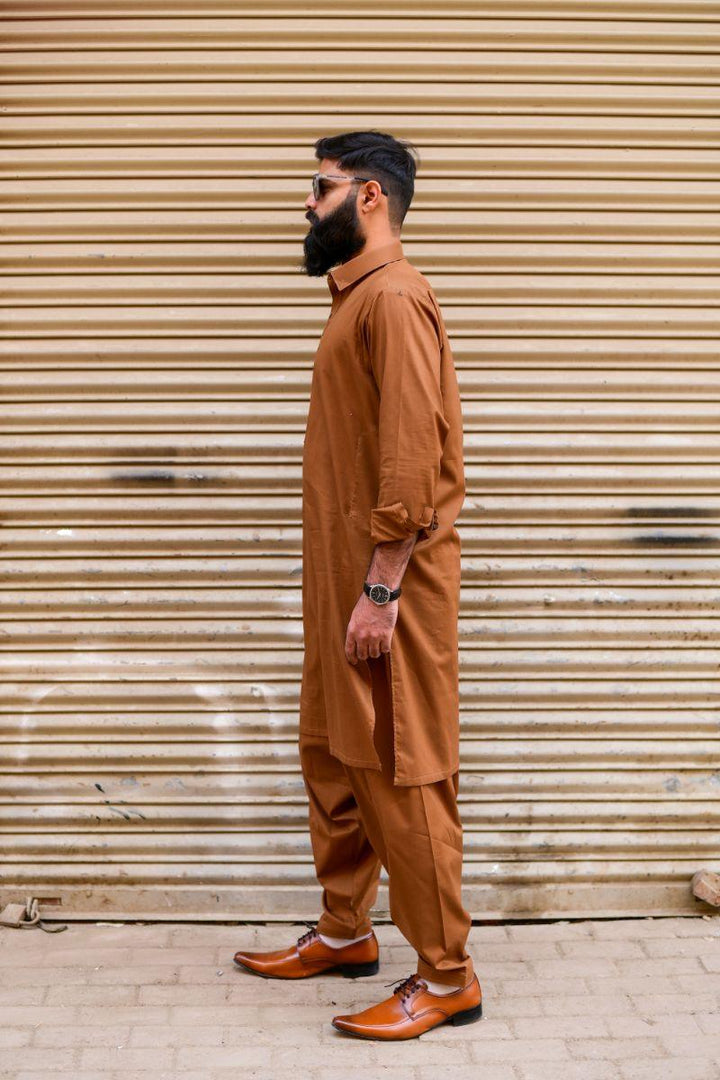 AlifYay - Cotton Kameez Shalwar For Men - Brown - 2 Piece Suit
